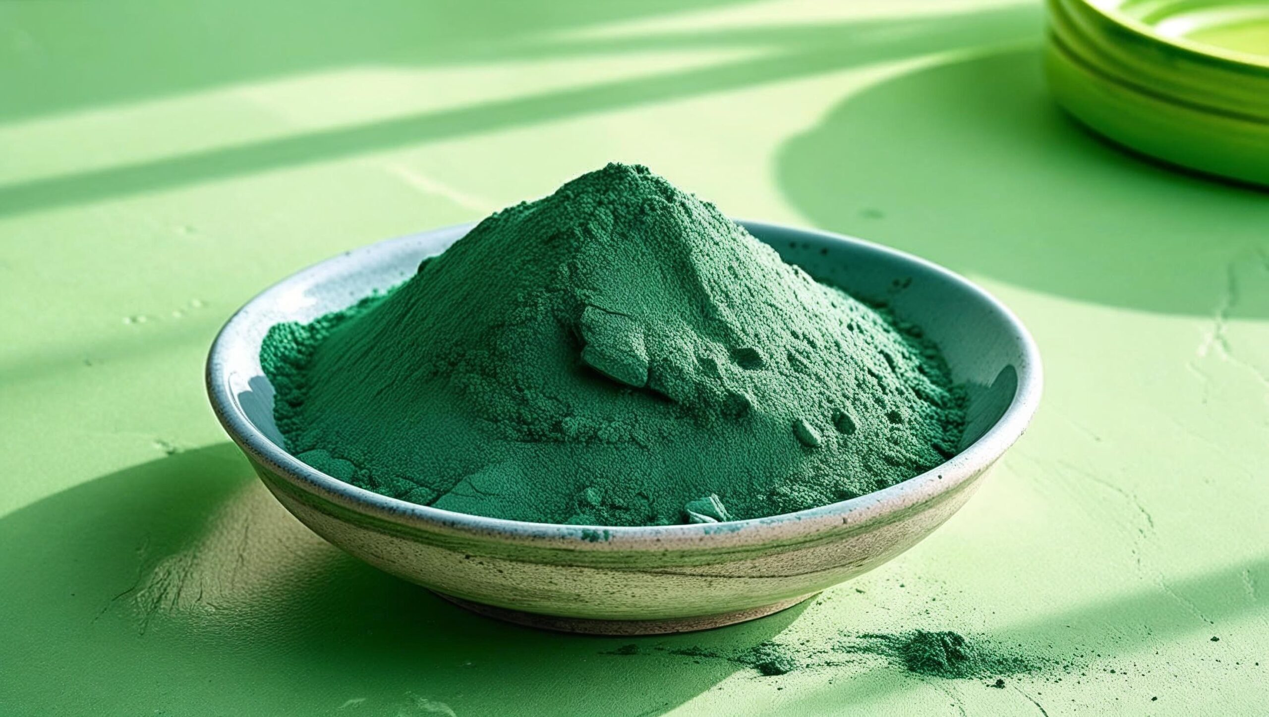 Blue green superfood named spirulina in a bowl with contrasting background