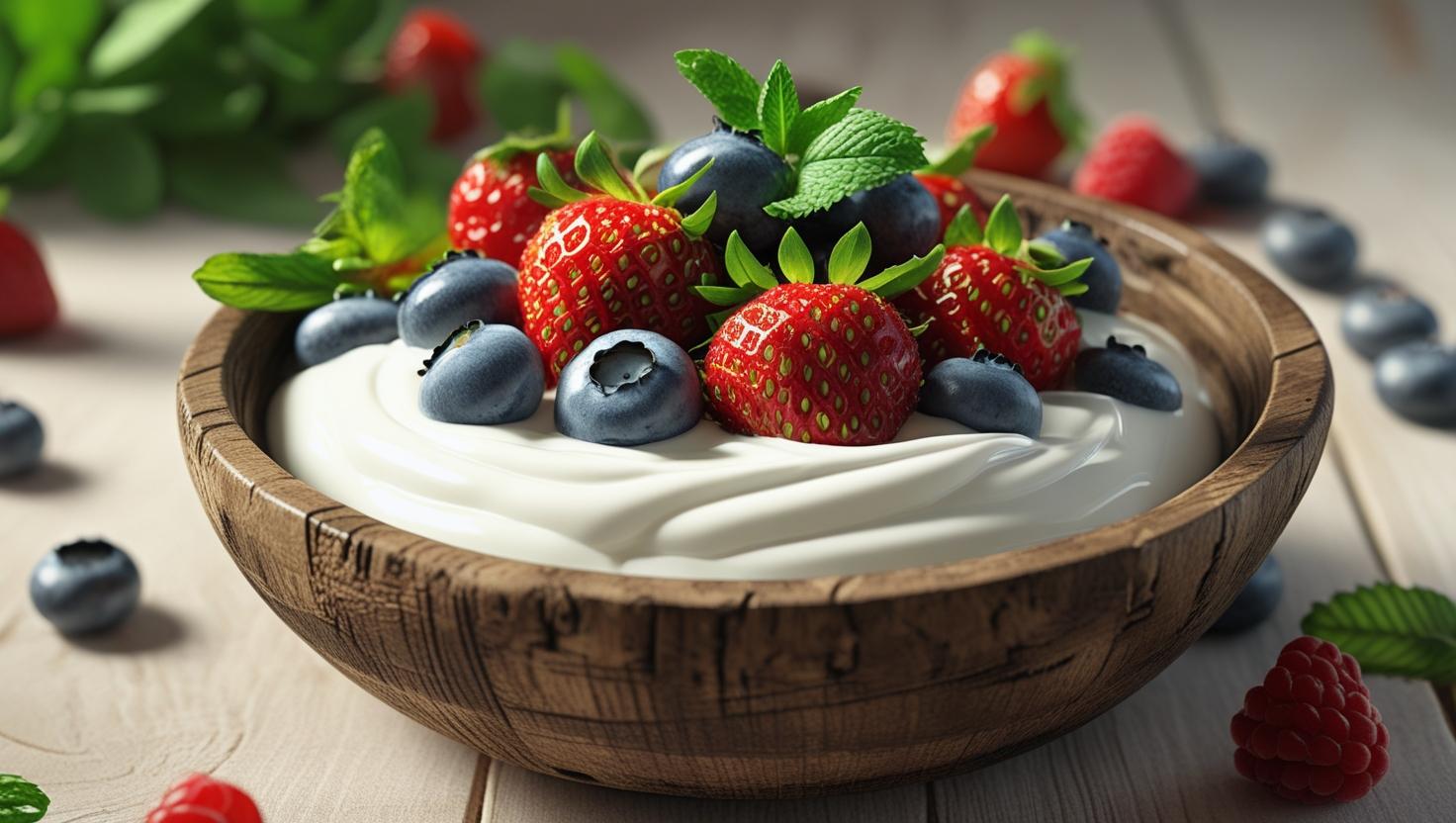 A bowl of yogurt with fresh berries and some mint leaves